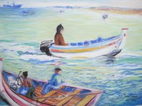Paisagem marítima com barcos de pesca