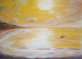 Paisagem marítima com barcos ao por do sol